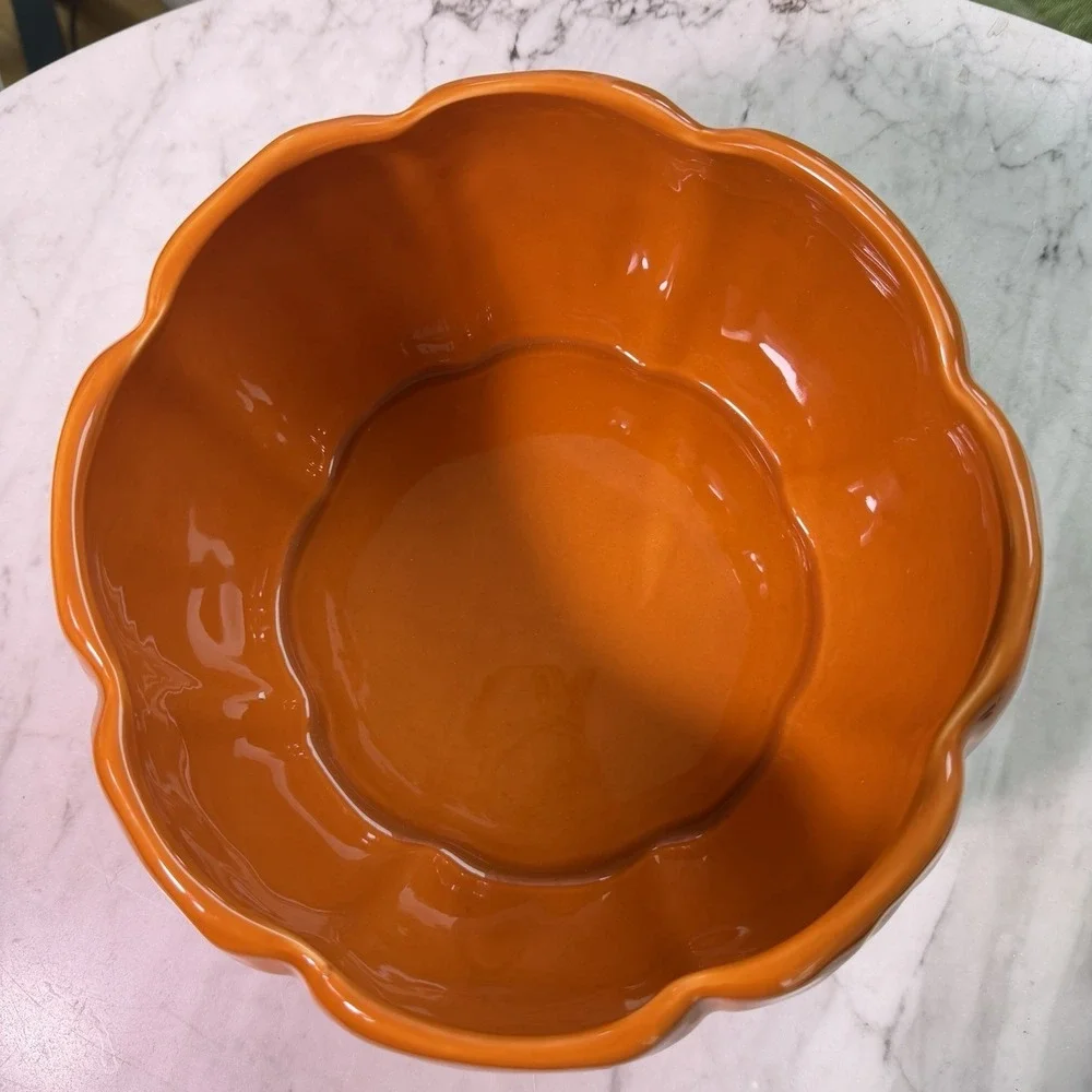 Pottery Barn Rustic Pumpkin Ceramic Serving Bowl Orange Halloween Fall 8